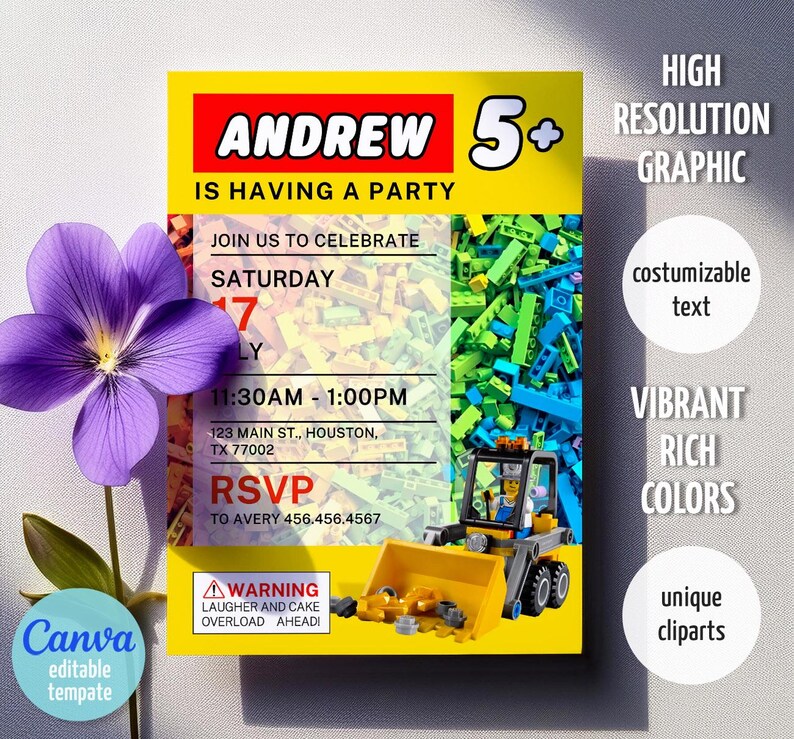 May include: A yellow birthday party invitation with the name "Andrew" in red block letters. The invitation includes the date, time, and location, along with a toy construction vehicle graphic. A purple flower is in the foreground.