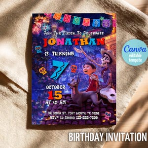 May include: A colorful birthday invitation featuring characters from the movie Coco. The invitation includes the name "Jonathan", age 7, date, time, and RSVP information. The words "Join the Fiesta to Celebrate" and "Birthday Invitation" are also displayed.
