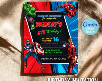 May include: A superhero-themed birthday invitation for Bradley's 8th birthday. The invitation features images of Spiderman, Hulk, Captain America, and Iron Man. The invitation is red, blue, and green with a black background. The text on the invitation reads "Calling all superheroes! To celebrate Bradley's 8th Birthday! Saturday October 16 at 12:30-3:00PM 234 Roses St. Texas, TX 95873 RSVP To Maya 415-566-7788"