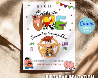Toy Story 1st Birthday Invitation, Editable Woody Invite (Canva Template)