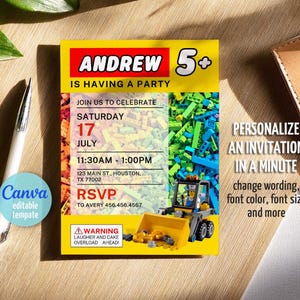 May include: A yellow invitation card with the text "ANDREW 5+ IS HAVING A PARTY". The card includes event details, a toy construction vehicle, and the text "PERSONALIZE AN INVITATION IN A MINUTE". The Canva editable template is visible.