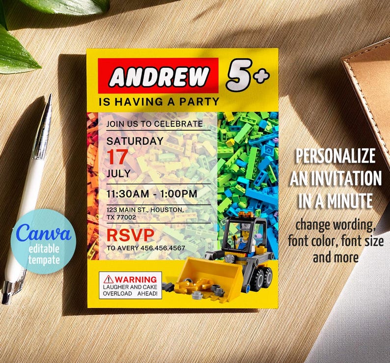 May include: A yellow invitation card with the text "ANDREW 5+ IS HAVING A PARTY". The card includes event details, a toy construction vehicle, and the text "PERSONALIZE AN INVITATION IN A MINUTE". The Canva editable template is visible.