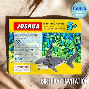 May include: A birthday invitation with a yellow background and the name "Joshua" in red. The invitation includes a Lego shark and Lego bricks. The text reads "Is having a party and you're an important piece." The invitation is for a party on August 23rd.