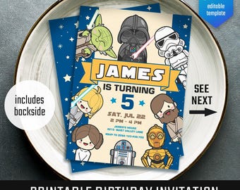 Star Wars Birthday Invitation, Darth Vader, Stormtrooper (Printable, Canva Template)