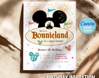 May include: A printable birthday invitation featuring a Mickey Mouse silhouette with a castle in the background. The invitation is decorated with gold glitter and colorful stars. The text reads "Join us in Bonnieland for a magical celebration! Bonnie's 6th Birthday. Sat Mar 27 at 11:30 2:00 pm Bonnie's House 715 Hamilton Ave Nashville, TN 37210 RSVP to Rebecca 123.456.7890"