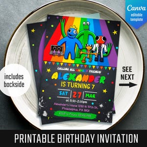 Modèle d&#39;invitation de fête d&#39;anniversaire d&#39;amis arc-en-ciel, invitation d&#39;anniversaire de gang d&#39;arc-en-ciel, invitation d&#39;amis d&#39;arc-en-ciel, evite modifiable imprimable