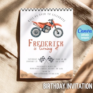 May include: Birthday invitation featuring an orange dirt bike illustration. The invitation includes the text "Race on over to celebrate" and "Frederick is turning 4!" with event details and a Canva editable template badge.