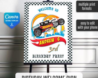 Race Car Birthday Welcome Sign, Race Over to Celebrate Party Welcome Poster, Orange Track City Speed Car Boy Party Editable Sign Template