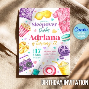 Sleepover Birthday Invitation, Slumber Party Invite Girls, Pajama Party Digital Card, Tween Sleepover Editable, Printable Sleepover Evite