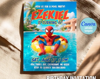Spidey Pool Party Invitation, Join Us for a Pool Party Invite, Swim Ring Palm Resort Superhero Kids Party Template