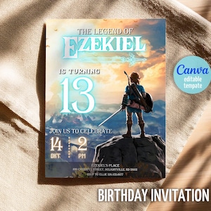 Puede incluir: Invitaci&oacute;n de cumplea&ntilde;os con tem&aacute;tica de videojuego. El dise&ntilde;o incluye el texto "THE LEGEND OF EZEKIEL" y "IS TURNING 13". Un personaje con una espada est&aacute; de pie sobre una roca. La invitaci&oacute;n tambi&eacute;n incluye la fecha y la hora.