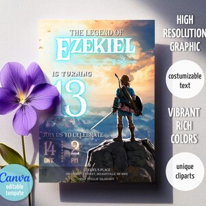 Puede incluir: Una invitaci&oacute;n de cumplea&ntilde;os con tem&aacute;tica de videojuego. El dise&ntilde;o incluye un personaje de pie sobre una roca, con el texto "The Legend of Ezekiel is turning 13". La invitaci&oacute;n tambi&eacute;n incluye la fecha, la hora y el lugar.