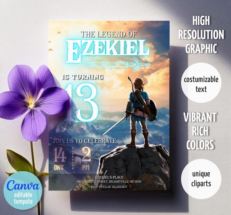 Puede incluir: Una invitaci&oacute;n de cumplea&ntilde;os con tem&aacute;tica de videojuego. El dise&ntilde;o incluye un personaje de pie sobre una roca, con el texto "The Legend of Ezekiel is turning 13". La invitaci&oacute;n tambi&eacute;n incluye la fecha, la hora y el lugar.