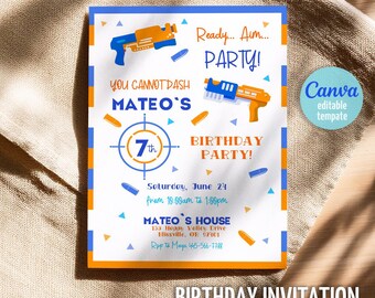 Dart gun party, dart wars birthday invitation, editable nerf invite template, boy birthday invitation, printable editable birthday invite