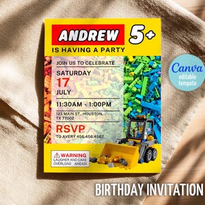 May include: A yellow birthday invitation with the name "Andrew" and the number "5+" in a red and white font. The invitation includes event details, a Lego-themed illustration, and the text "Birthday Invitation".