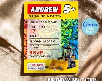 Building Blocks invitation, Bricks invite, printable editable invitation template, Construction Excavator invite template, 1st 2nd 3rd bday