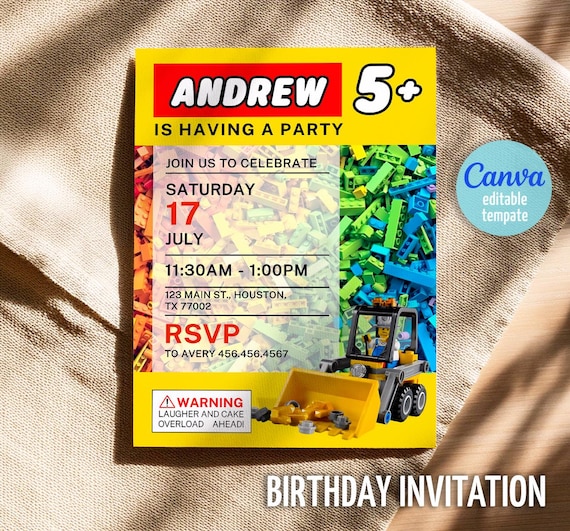 Building Blocks invitation, Bricks invite, printable editable invitation template, Construction Excavator invite template, 1st 2nd 3rd bday