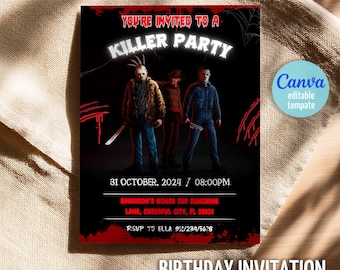 Bloody Halloween Birthday Invitation: Horror Movie Party, Editable Template (5x7" Canva, Digital Download)