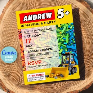 May include: A yellow and red invitation with the name "ANDREW" and the number "5+". The invitation includes the text "IS HAVING A PARTY", party details, and a warning about laughter and cake overload. A blue Canva logo is in the corner.