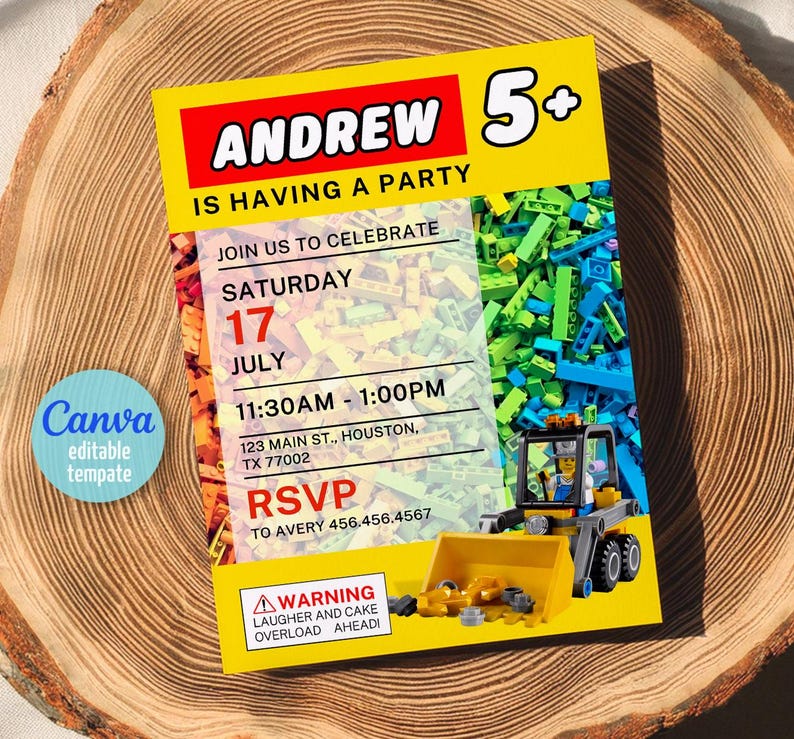 May include: A yellow and red invitation with the name "ANDREW" and the number "5+". The invitation includes the text "IS HAVING A PARTY", party details, and a warning about laughter and cake overload. A blue Canva logo is in the corner.