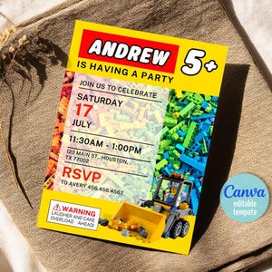 May include: A yellow invitation card with the text "ANDREW IS HAVING A PARTY". The card includes party details, a Lego-themed graphic, and a warning about laughter and cake overload. The invitation is for a 5+ year old.
