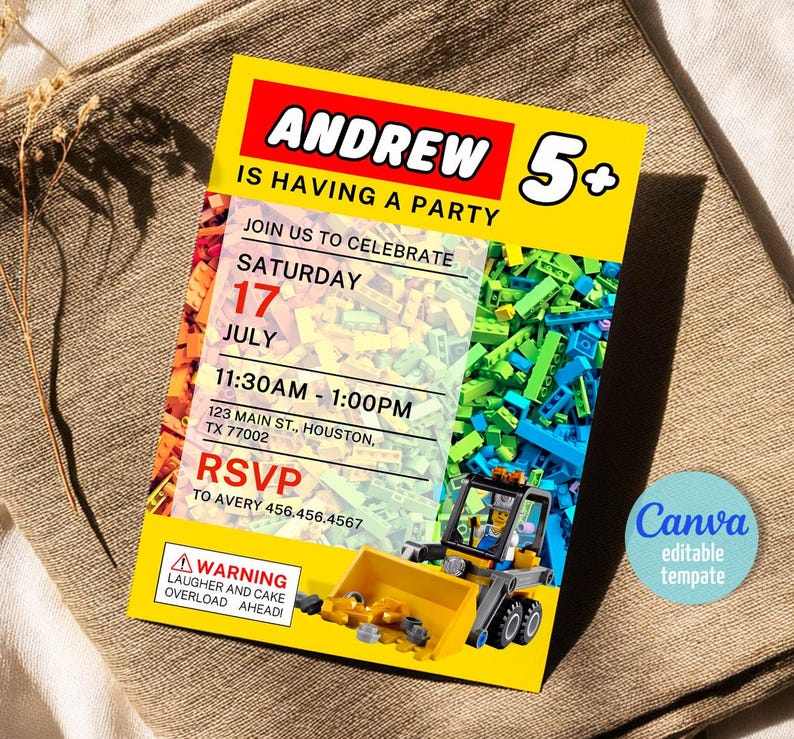 May include: A yellow invitation card with the text "ANDREW IS HAVING A PARTY". The card includes party details, a Lego-themed graphic, and a warning about laughter and cake overload. The invitation is for a 5+ year old.