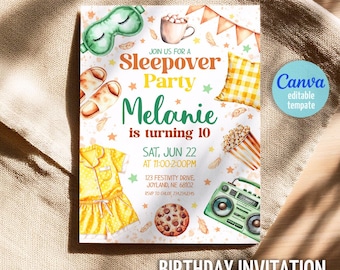 May include: A watercolor-style birthday invitation with the text "Sleepover Party" and "Melanie is turning 10." The invitation includes illustrations of pajamas, popcorn, a boombox, and a sleep mask. The words "Birthday Invitation" are at the bottom.