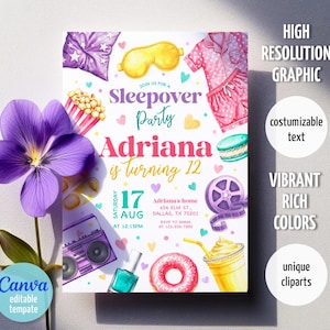 K&ouml;nnte beinhalten: Eine Einladung zur Pyjamaparty mit Aquarellillustrationen einer lila Blume, Popcorn, einer Boombox, Nagellack, einem Donut und einem Milchshake. Auf der Einladung steht "Sleepover Party" und "Adriana wird 12."