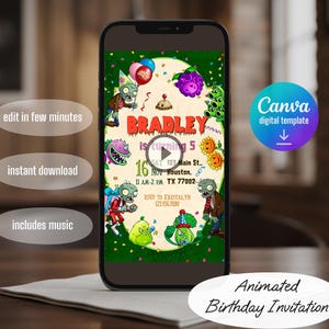 May include: A smartphone displays an animated birthday invitation for "Bradley" turning 5. The design features cartoon zombies and plants, with text including date, time, and location. Additional text includes "edit in few minutes", "instant download", and "includes music".