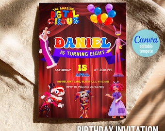 Impresionante invitación digital de circo, invitación imprimible y editable para fiesta de circo, plantilla para celebrar cumpleaños.