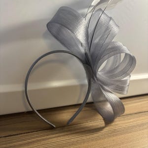 May include: A silver headband with a large bow and three feathers. The bow is made of a sheer, textured fabric. The headband is a simple, thin band. The feathers are a light gray color.
