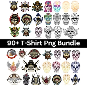 90+ Skull, Biker & Tattoo T-Shirt PNG Bundle | Vintage Designs | Motorcycle Graphics | Ready to Print | Commercial Us