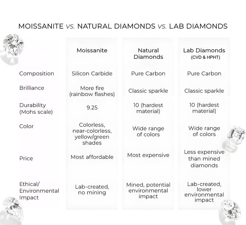 Pode incluir: Um gr&aacute;fico de compara&ccedil;&atilde;o intitulado "Moissanite vs. Natural Diamonds vs. Lab Diamonds". O gr&aacute;fico compara composi&ccedil;&atilde;o, brilho, durabilidade, cor, pre&ccedil;o e impacto &eacute;tico/ambiental de cada tipo de gema.