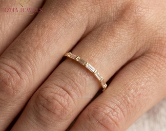 Baguette Diamond Wedding Half Eternity Band, 14K Solid Gold Stackable Ring, Dainty Bridal Anniversary Band, Bezel Set Stacking Ring