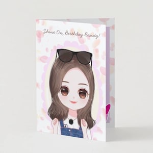 Printable Birthday Card for Women | Cute Anime Greeting Card | Cartoon Girl Birthday Card | Pretty Lady Lipstick | DIY Birthday Card