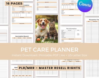 May include: A 16-page pet care planner printable PDF featuring various tracking templates for pet sitter information, vaccination records, medications, and supplies. The cover displays a dog and cat with the text Pet Care Planner.