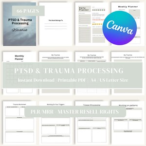Peut inclure: Un classeur PDF imprimable de 66 pages pour le traitement du SSPT et des traumatismes. Le classeur comprend un agenda quotidien, un agenda hebdomadaire, un agenda mensuel et des feuilles de travail pour travailler sur les déclencheurs, le traitement des traumatismes et les schémas. La couverture présente un fond aquarelle bleu clair et gris avec le titre "PTSD & Trauma Processing Workbook" en texte blanc.