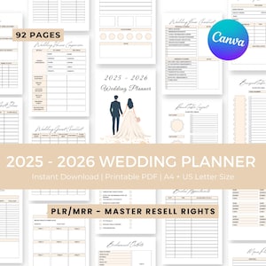 2025 - 2026 Hochzeitsplaner PLR, MRR, druckbarer digitaler Planer, Hochzeitsplaner, Hochzeitsplanung Checkliste, Hochzeitsbudget Tracker
