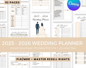 2025-2026 Wedding Planner,  Canva Editable, Printable Organizer , PLR MRR, Digital Download