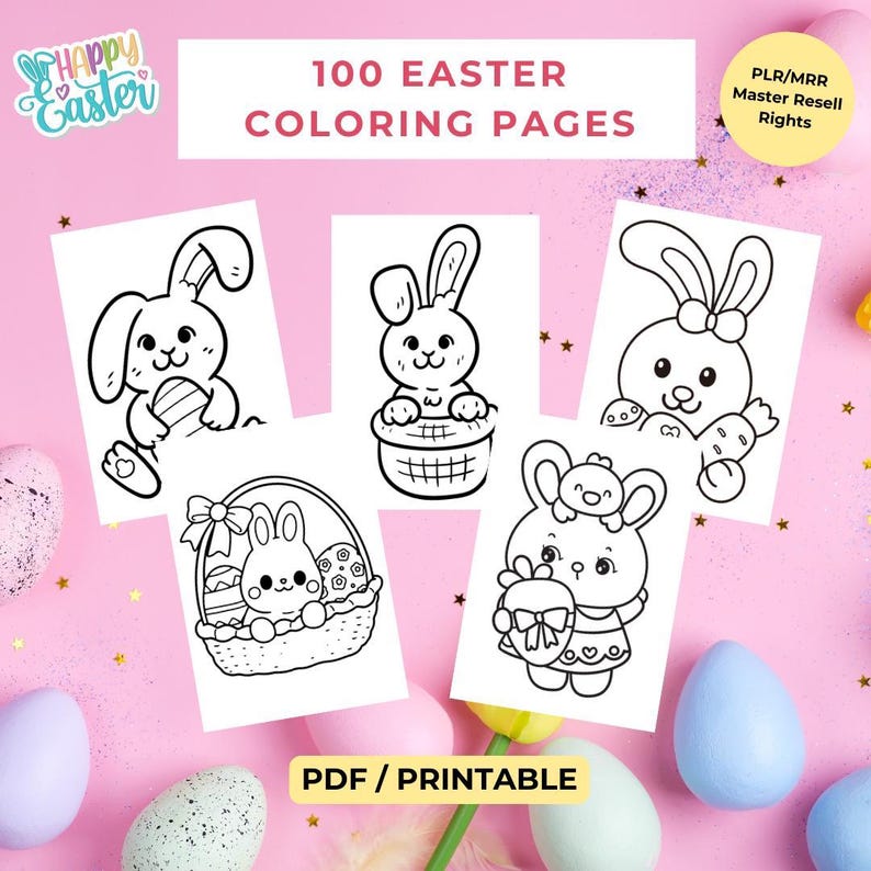 100 Easter Coloring Pages for Kids, Printable Activity Book , PLR & MRR ...