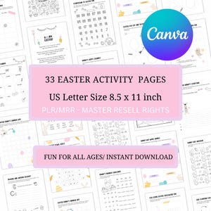 May include: A set of 33 Easter activity pages, US Letter size 21.6 x 27.9 cm, with games and coloring sheets. Text includes "Happy Easter!" and "Fun for all ages/ Instant Download". The Canva logo is also visible.