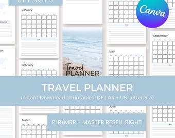 Digital Travel Planner, Printable Trip Journal, Editable  Canva Template , PLR MRR,  Digital Download