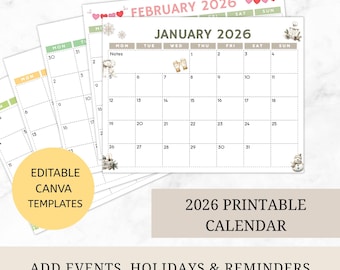 2026 Monthly Calendar Printable, Editable Canva Planner (PDF)