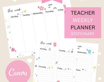 Teacher Weekly Planner Printable, Cute + Colorful Stationery Notepad Template, Edit in Canva, School,  Digital Download