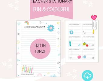 Teacher Notepaper Printable, Cute + Colorful Stationery, Notepad Template, Edit in Canva, School, Digital Download