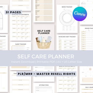 Self Care Planner, Printable Wellness Journal with PLR/MRR,  Digital Download, Canva Template