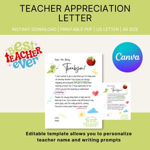 Carta de agradecimiento al maestro (editable) de fin de año escolar, carta de despedida imprimible, carta de agradecimiento al maestro, último día de clases
