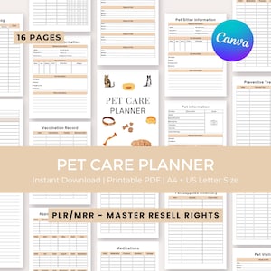 Può includere: Un pianificatore stampabile per la cura degli animali domestici in beige e bianco, con moduli per informazioni sugli animali, registri delle vaccinazioni e monitoraggio dei farmaci. Include il testo "PET CARE PLANNER" e "PLR/MRR - MASTER RESELL RIGHTS".