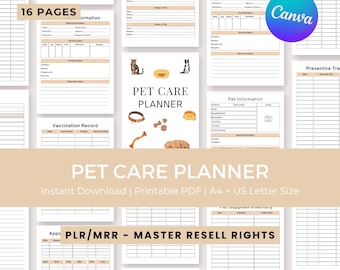 Pet Care Planner ,Printable PDF ,PLR + MRR ,Track Vet Visits, Meals, Meds & Grooming, Pet Checklists,Pet Sitter, Notes, Pet Binder