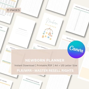 Op de afbeelding: Een verzameling afdrukbare pagina's voor een pasgeboren planner. De omslag toont de woorden "Newborn Planner" met een aquarel mobiele illustratie. De pagina's bevatten trackers, journals en andere bronnen. De tekst "11 pagina's" is zichtbaar.